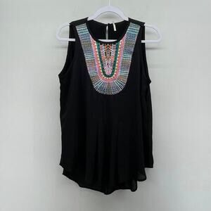 Nine 1 Eight Multicolor Embroidered‎ Black Flowly Sleeveless Blouse Style 12002M